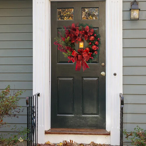 Artificial Lighted Christmas Wreath with Red Bow 2