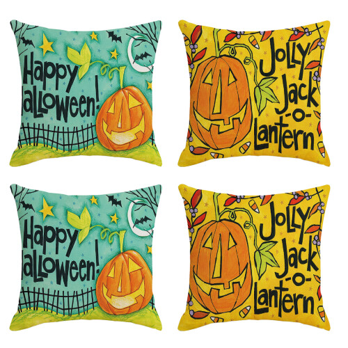 Linen Throw Pillow Covers Halloween Pumpkin Theme 4 Pack