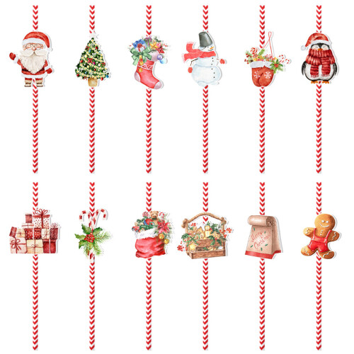 Christmas Paper Straws Holiday Theme 24-Pack