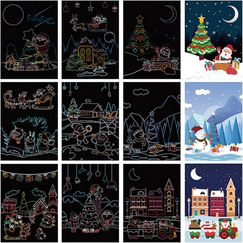 Christmas Scratch Off Drawing Cards Rainbow Black Paper Set