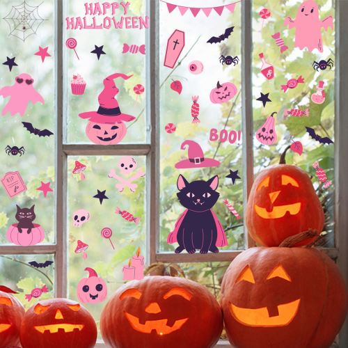 Halloween Window Stickers Pink Ghost Pumpkin Bat 1