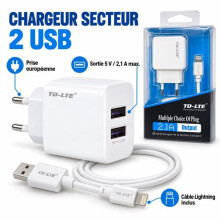 Chargeur secteur - JNR - TECHTA - Double USB-A - 5V 2,1A - Câble Lightning inclus