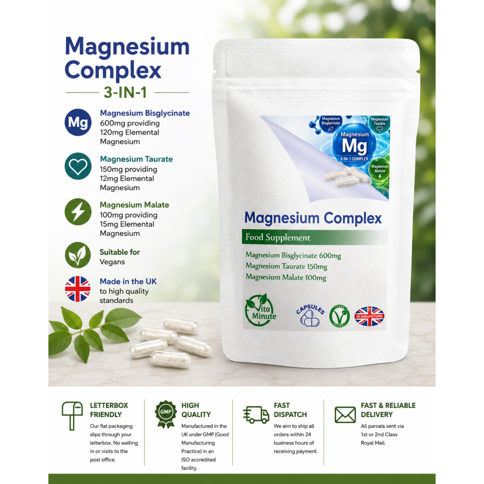 100 x Magnesium 3-in-1 Complex Capsules | Digestive, Muscle | One-a-Day | Vegan - Image 2