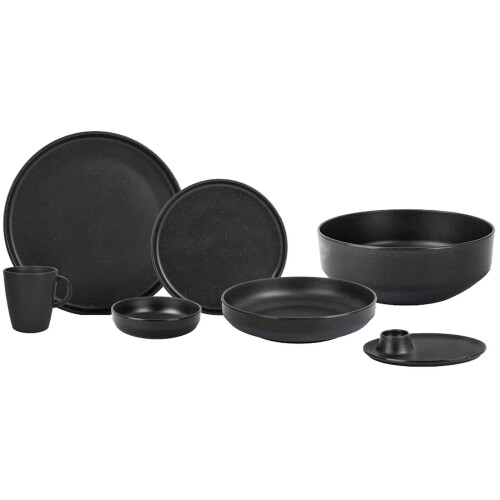 7PC BRUNNER MELAMINE PLATE SET FOR TWO BLACK STACKABLE DISHWASHER SAFE