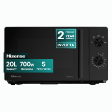Hisense 700 Watts 20 Litre Inverter Microwave Oven H20MOBP1HIUK Black, Automatic Defrost, 5 power levels, Easy Clean, H24.1 x W43.4 x D32.9 cm Freesta