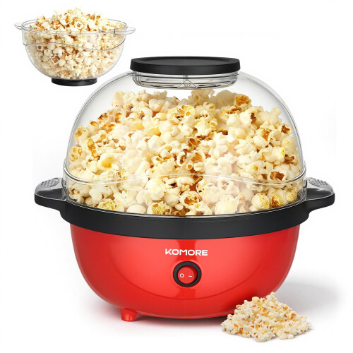 KOMORE Popcorn Machine, Popcorn Maker, Nonstick Coating, Removable Lid Red