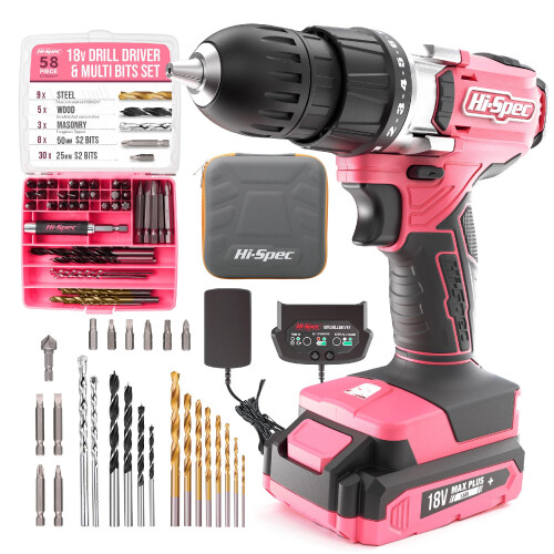 Hi-Spec 18V Cordless Power Drill Driver Set with Case for Repairs, Pink