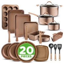 Nutrichef 20 Piece Pots and Pans Set, Bakeware and Cookware Set, Induction Hob Pots Set w/Lids, Non Stick Set, Heat Safe Silicone Handles, Saucepan, F
