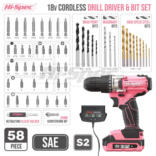 Hi-Spec 18V Cordless Power Drill Driver Set with Case for Repairs, Pink 1