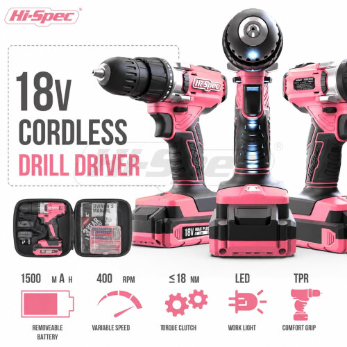 Hi-Spec 18V Cordless Power Drill Driver Set with Case for Repairs, Pink 2