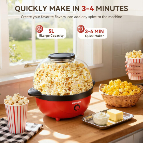 KOMORE Popcorn Machine, Popcorn Maker, Nonstick Coating, Removable Lid Red 1