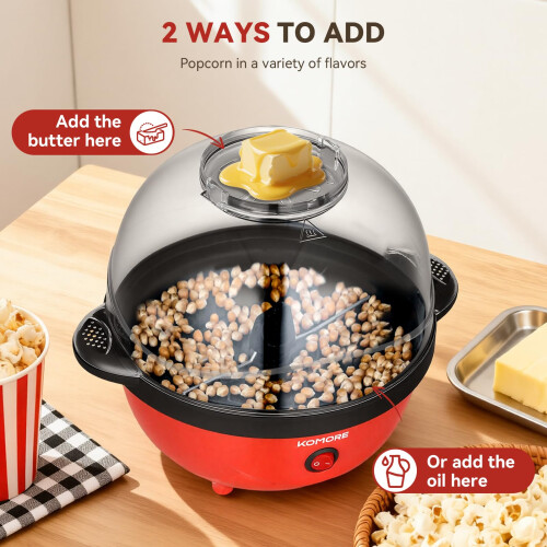 KOMORE Popcorn Machine, Popcorn Maker, Nonstick Coating, Removable Lid Red 2