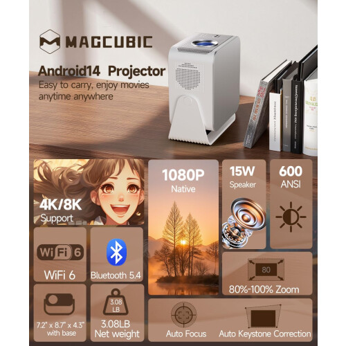 Mini Projector 4K Support, Native 1080P Magcubic Smart Portable Projector 1