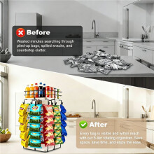 5-Tier Chip Rack Display Stand with 360 Rotating Base & Top Storage Basket - 40 Clips & Snack Tray Included
