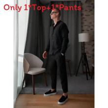 (Black, S) Men Long Sleeve Shirt And Pants Set With Cotton Material Casual Wear For