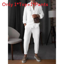(White,S)Ensemble chemise et pantalon homme manches longues avec matière coton pour tenue décontractée