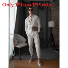 (Beige, S) Men Long Sleeve Shirt And Pants Set With Cotton Material Casual Wear For