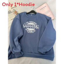 (Denim Blue, M) Hoodie Loose Women With Letter Print Fleece Material For Casual Style Fall Winter
