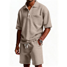 (Khaki,XL)Mens Casual Summer Polo Tshirt And Short Pants Set With Waffle Fabric Youth For