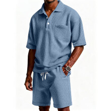 (Sky Blue, L) Summer Casual Mens Polo Tshirt And Short Pants Set With Waffle Youth For Fabric