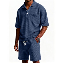 (Navy Blue, XXL) Summer Casual Mens Polo Tshirt And Short Pants Set With Waffle Youth For Fabric
