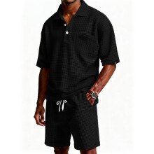 (Black, L) Summer Casual Mens Polo Tshirt And Short Pants Set With Waffle Youth For Fabric