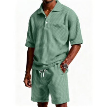 (Green, L) Summer Casual Mens Polo Tshirt And Short Pants Set With Waffle Youth For Fabric