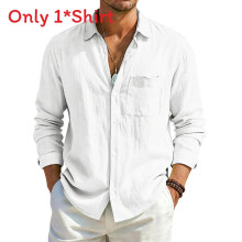 (White,XL)Camisa cárdigan de lino de algodón holgada para hombre con mangas largas y cuello clásico para estilo urbano