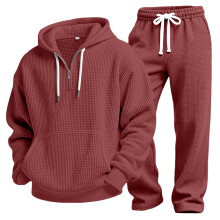 (Burgundy,3XL)Athleisure Solid Color Hoodie Pants Set With Waffle Fabric For Men Young