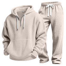 (Ivory,S)Athleisure Solid Color Hoodie Pants Set With Waffle Fabric For Young Men