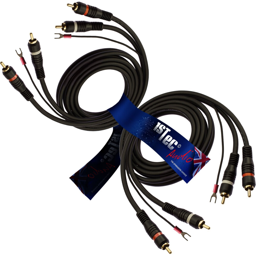 2 X Record Player Cable With Earth To Ground Wire To Stop Feedback Humming Or Buzzing (2 X 1.5 Metre, Full Rca + Earth Cable) 5060583531716