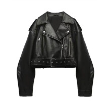 (5XL) Leather Pu Stylish Womens Short Motorcycle Jacket With Long Sleeve And Spliced Accents