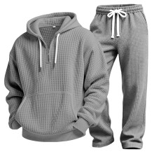 (Gray,3XL)Athleisure Solid Color Hoodie Pants Set With Waffle Fabric For Men Young
