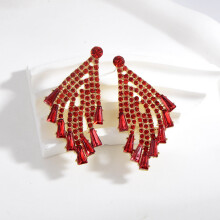 (Red) Earrings Fashion Statement Drop Dangle Rhinestone For Women Wear Accessory Party