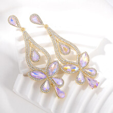 (Pink) Drop Water Bold Earrings For Women With Butterfly Motif Cubic Sparkling Zirconia