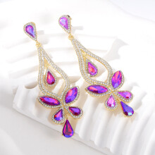 (Rose Red) Drop Water Bold Earrings For Women With Butterfly Motif Cubic Sparkling Zirconia