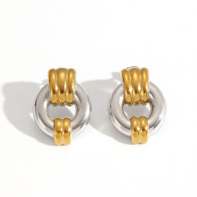 (Gold Silver) Stainless Steel Round Hoop Earrings For Women With Trendy Geometric Elements