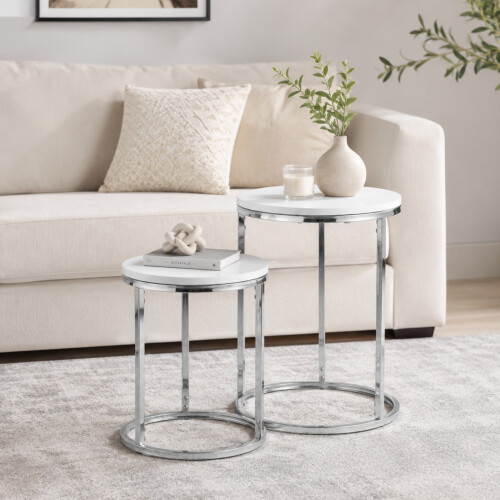 Nest 2 Round Tables White High Gloss Chrome Legs 1