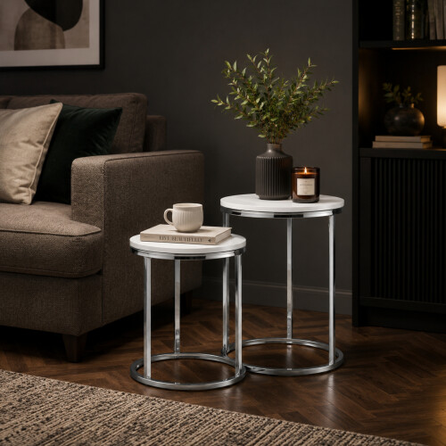 Nest 2 Round Tables White High Gloss Chrome Legs