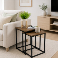 Nest of 2 Square Tables Wood Top Metal Frame