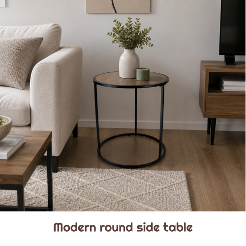 Round Oak Finish Side Table Black Metal Legs 1