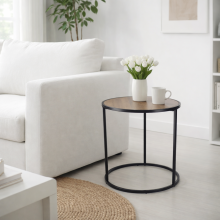Round Oak Finish Side Table Black Metal Legs