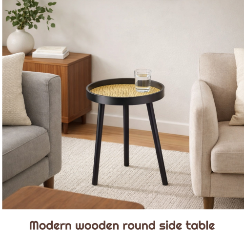 Black Round Coffee Table with Cane Detail Top 2