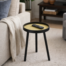 Black Round Coffee Table with Cane Detail Top