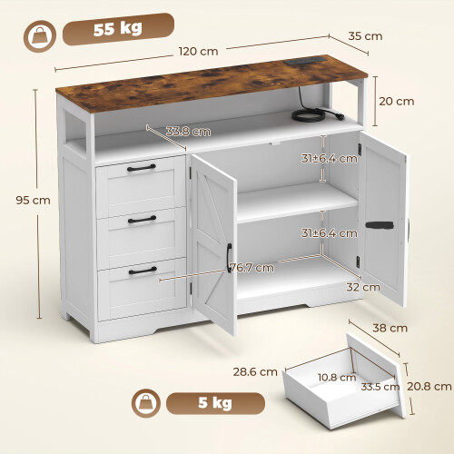 Homcom HOMCOM Sideboard Buffet Cabinet with Storage and Power Outlet, White 2