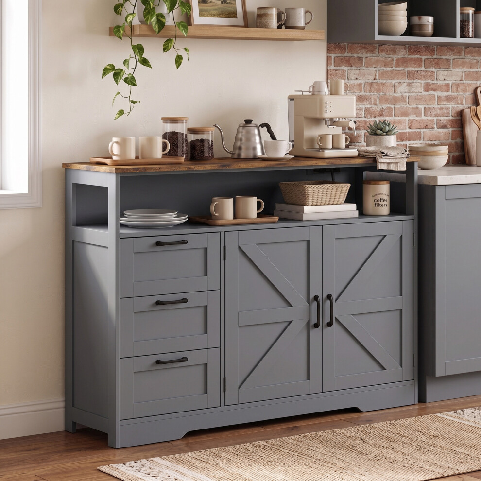 Homcom Sideboard Buffet Cabinet With Storage And Power Outlet, Grey - Image 3