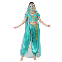 (M, Blauw en groen vier) Dames buikdans kostuum set: buikdanstop, broek, sluier, hoofdtooi, Halloween kostuum, buikdans outfit, blauw en groen, vier M