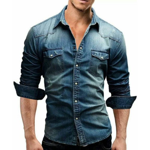 (Light Blue,M)Herren Freizeit Jeanshemd mit Kragen Ausschnitt Mode Langarm Geschenk Kleidung 1