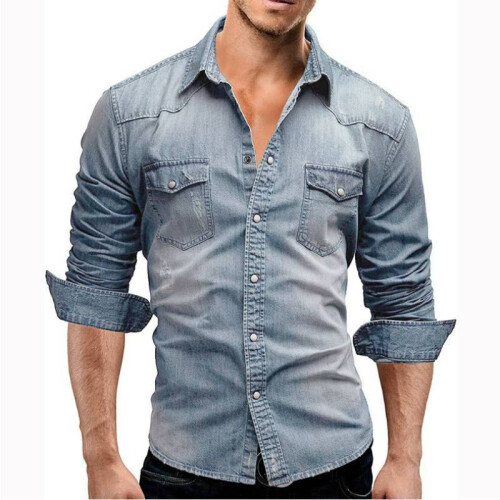 (Light Blue,M)Herren Freizeit Jeanshemd mit Kragen Ausschnitt Mode Langarm Geschenk Kleidung 2