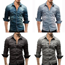 (Dark Gray,XL)Chemise décontractée homme en jean avec col mode manches longues vêtement cadeau